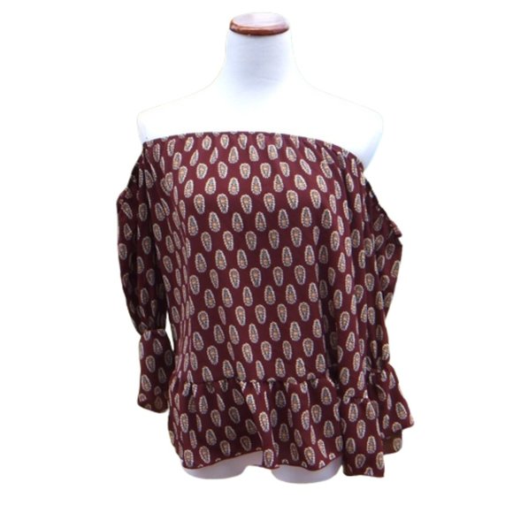 Tops - Top Burgundy Bohemian Paisley Print Ruffled Cottage Core Off Shoulder Sz M